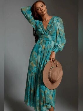 Anthropologie The Odetta Ruffled V-Neck Floral Maxi Dress Turquoise Size S